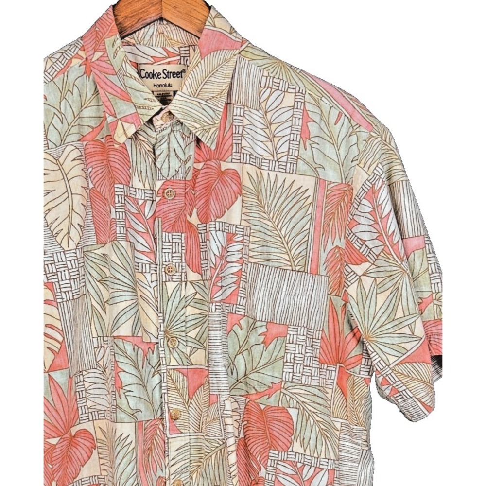 Cooke Street Honolulu Hawaiian Shirt Large Orange Green Monstera Palm Leaf Cotto